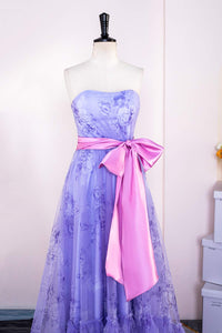 Lavender Floral Strapless Ruffled Long Prom Dress with Bow Sash