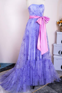 Lavender Floral Strapless Ruffled Long Prom Dress with Bow Sash