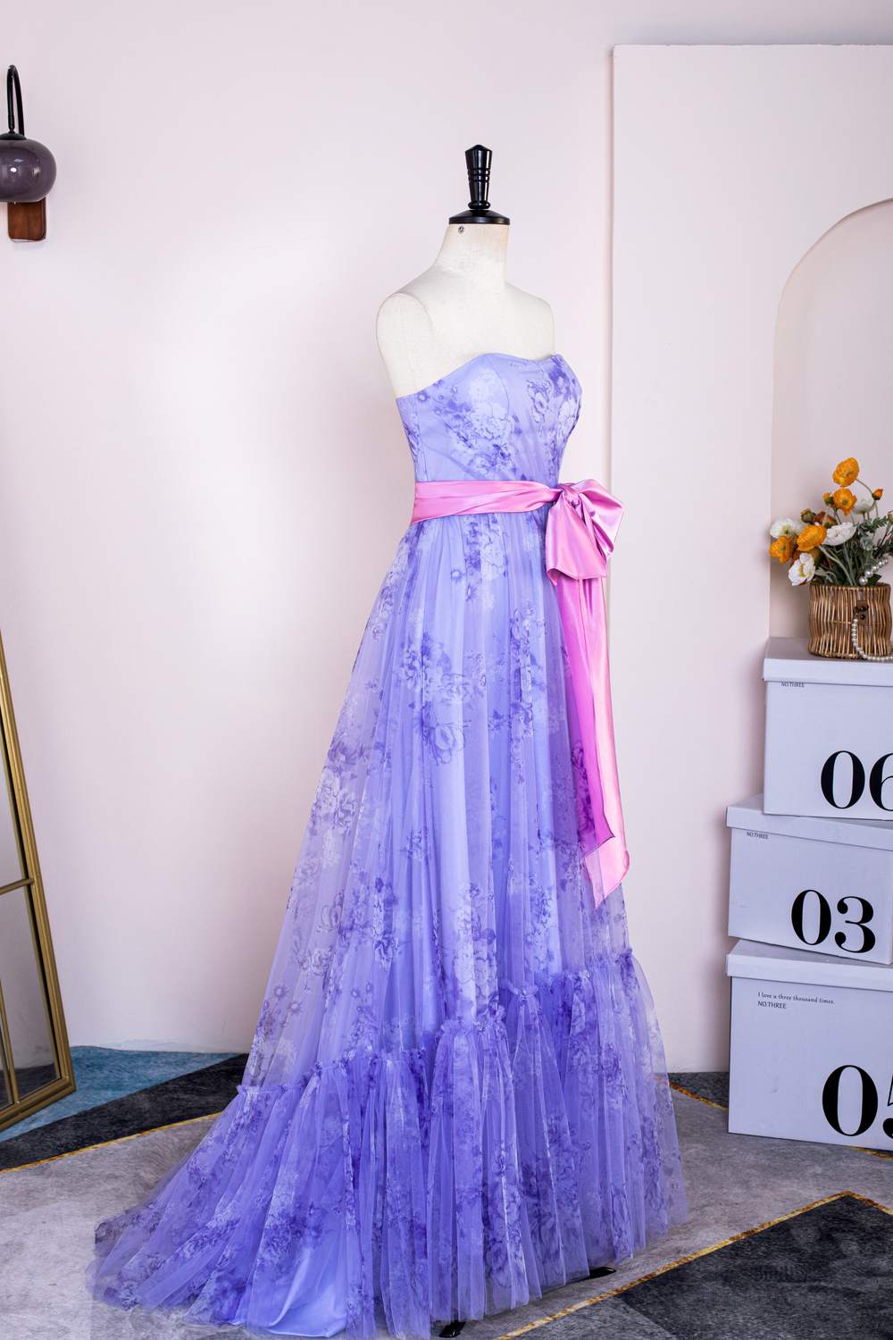 Lavender Floral Strapless Ruffled Long Prom Dress with Bow Sash