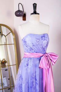 Lavender Floral Strapless Ruffled Long Prom Dress with Bow Sash