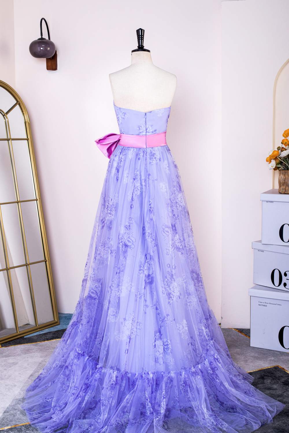 Lavender Floral Strapless Ruffled Long Prom Dress with Bow Sash