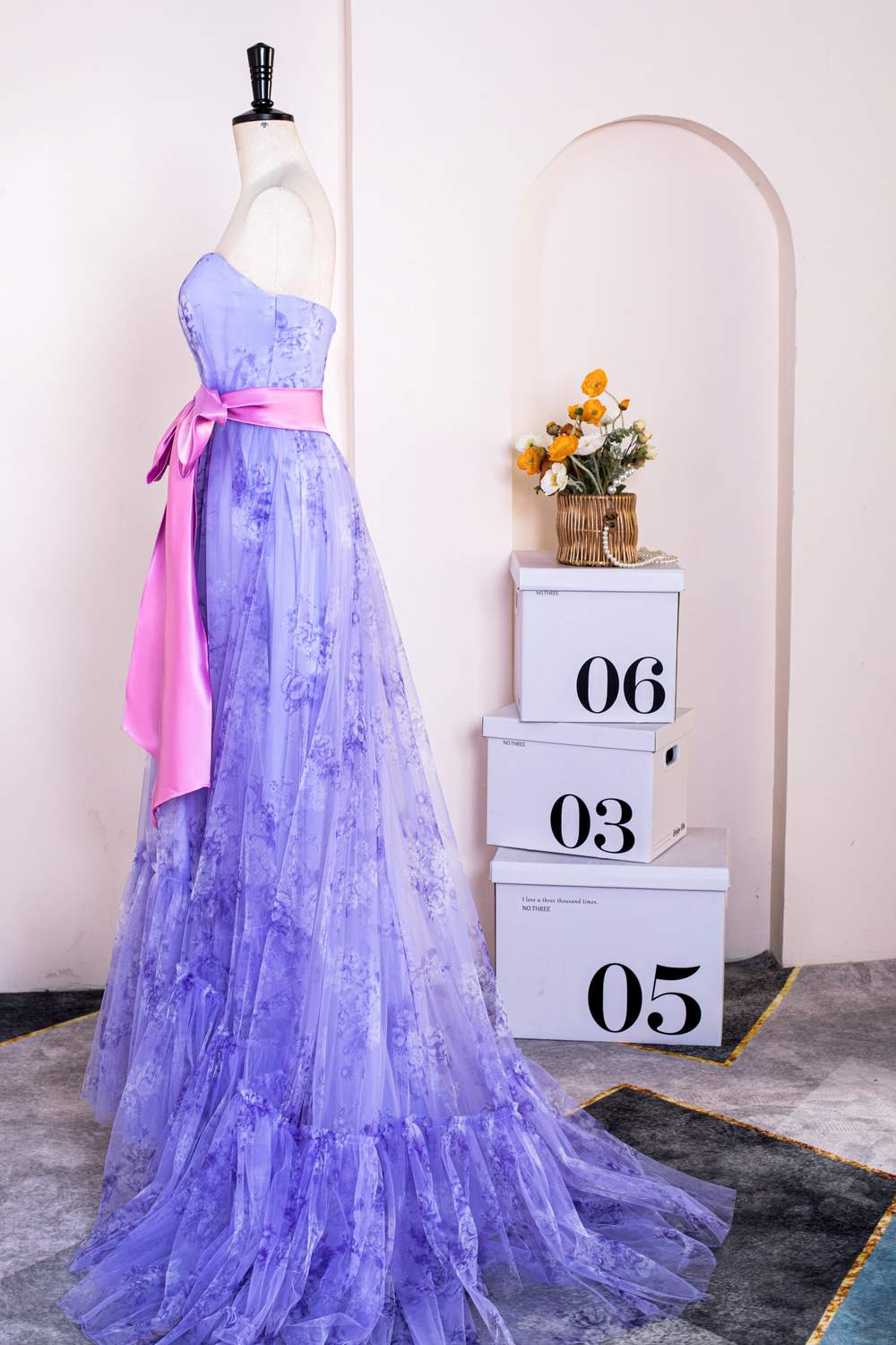 Lavender Floral Strapless Ruffled Long Prom Dress with Bow Sash