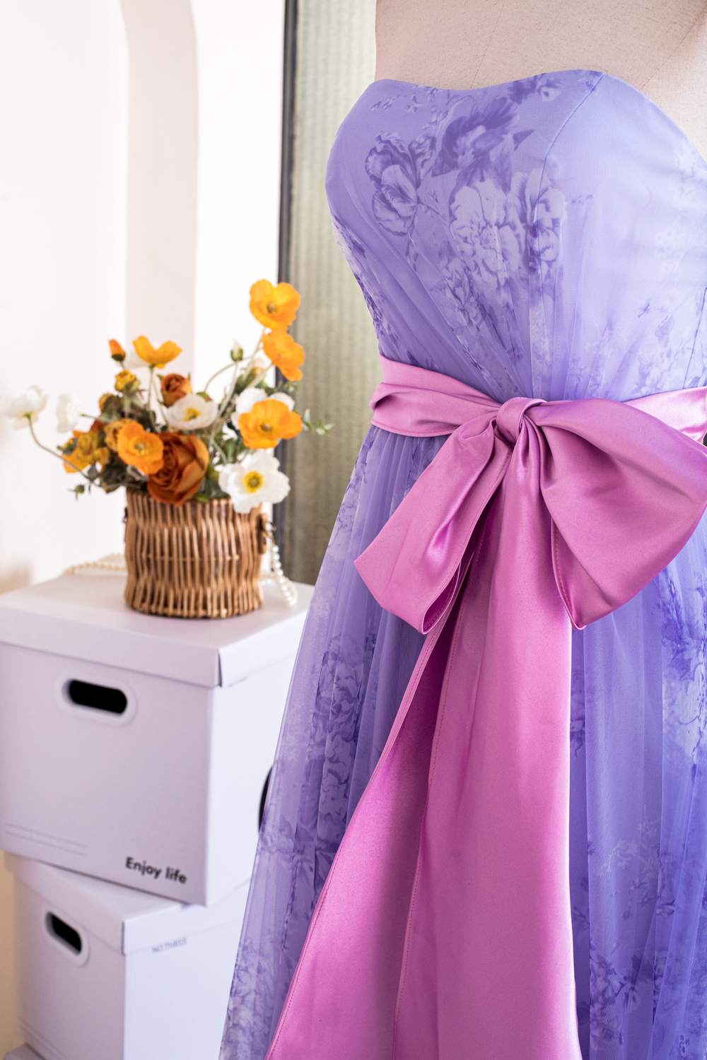 Lavender Floral Strapless Ruffled Long Prom Dress with Bow Sash