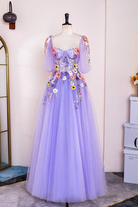 Lavender Puff Sleeves Floral Appliques A-line Long Prom Dress