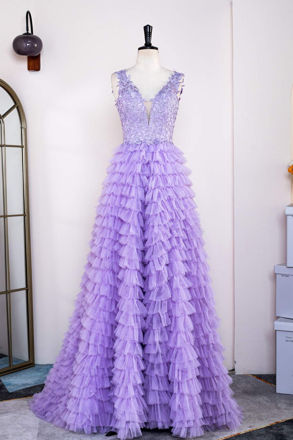 Lavender Plunging V Neck Appliques Layers Long Prom Dress with Slit