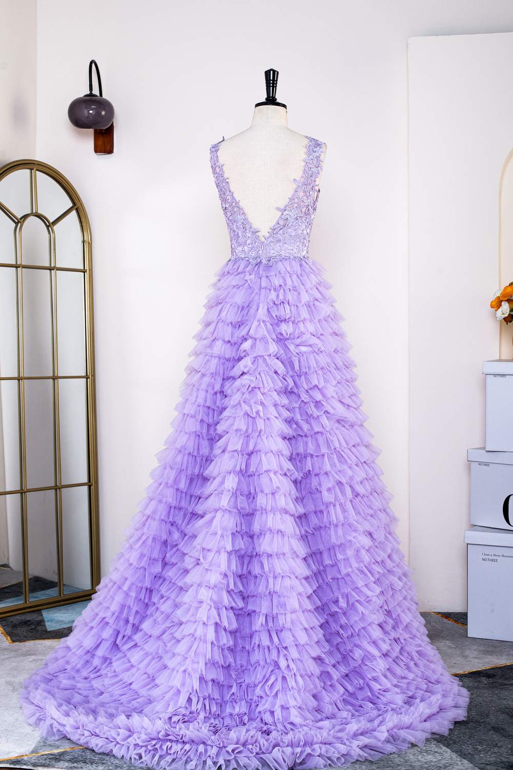 Lavender Plunging V Neck Appliques Layers Long Prom Dress with Slit