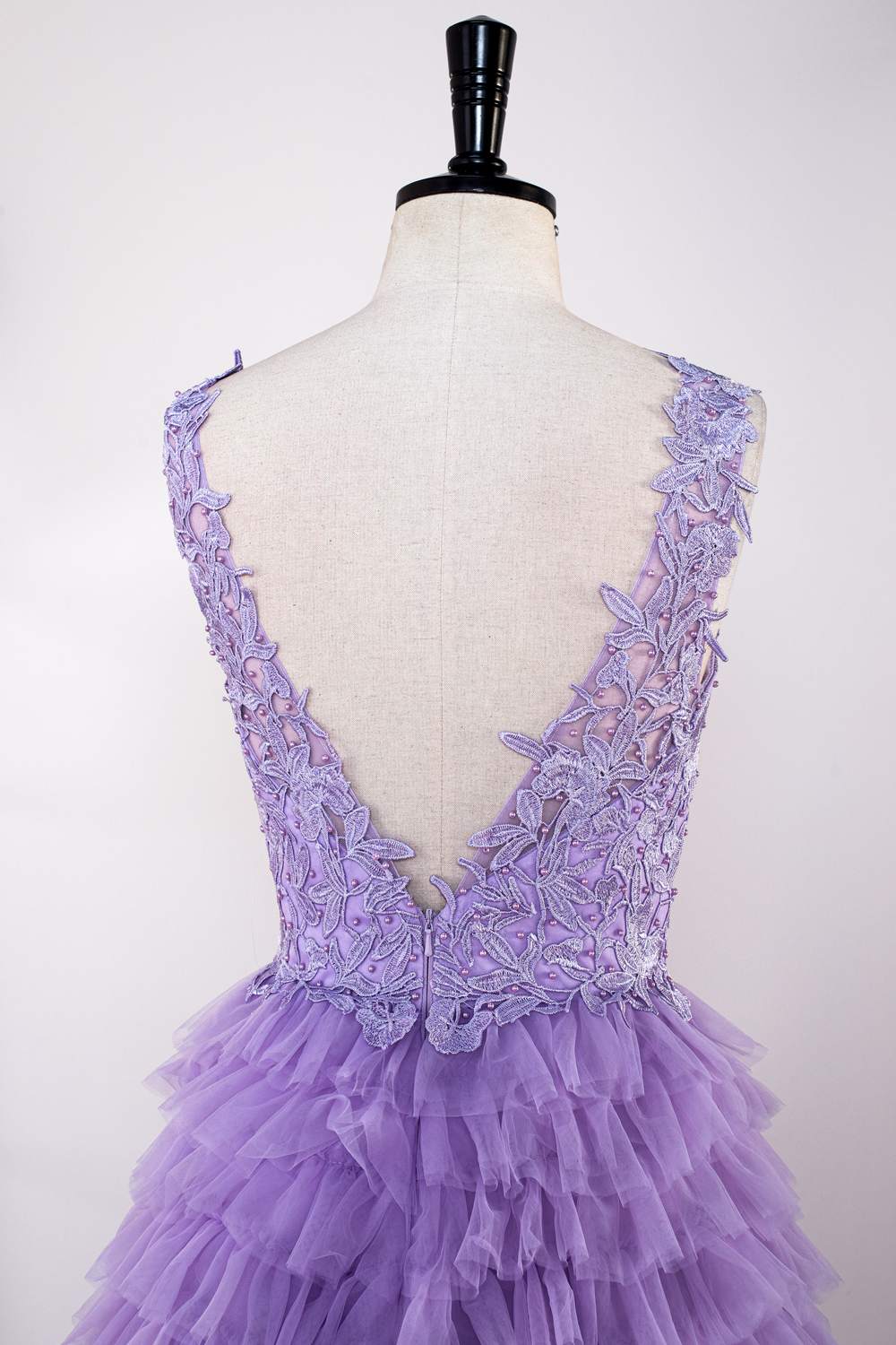 Lavender Plunging V Neck Appliques Layers Long Prom Dress with Slit
