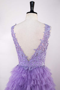 Lavender Plunging V Neck Appliques Layers Long Prom Dress with Slit