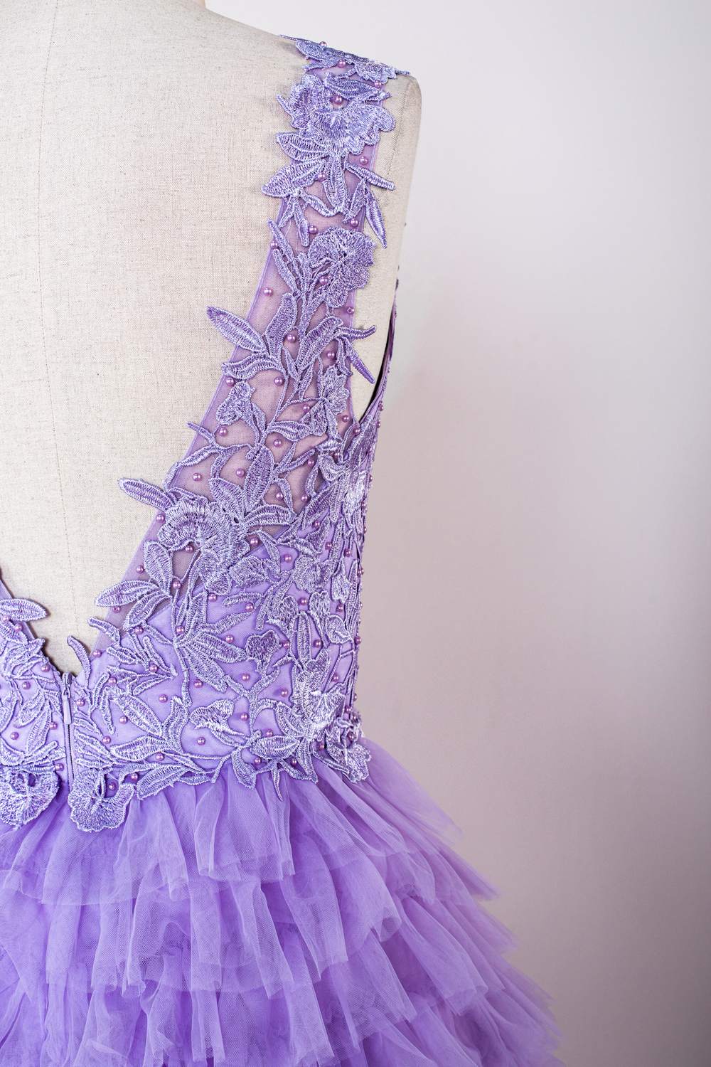 Lavender Plunging V Neck Appliques Layers Long Prom Dress with Slit