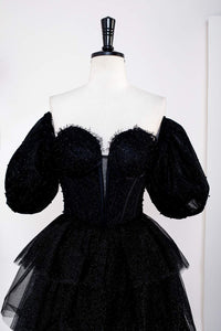 Saprkly Black Off-Shoulder Puff Sleeves Layers Long Prom Dress