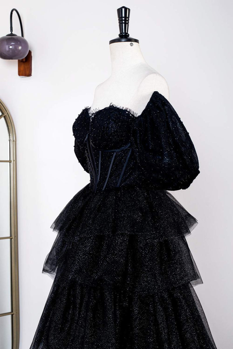 Saprkly Black Off-Shoulder Puff Sleeves Layers Long Prom Dress