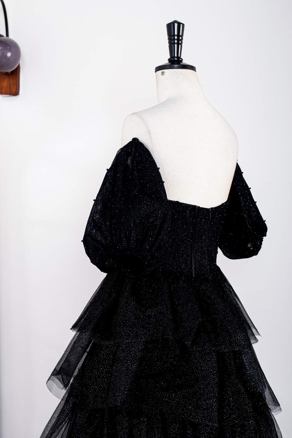 Saprkly Black Off-Shoulder Puff Sleeves Layers Long Prom Dress