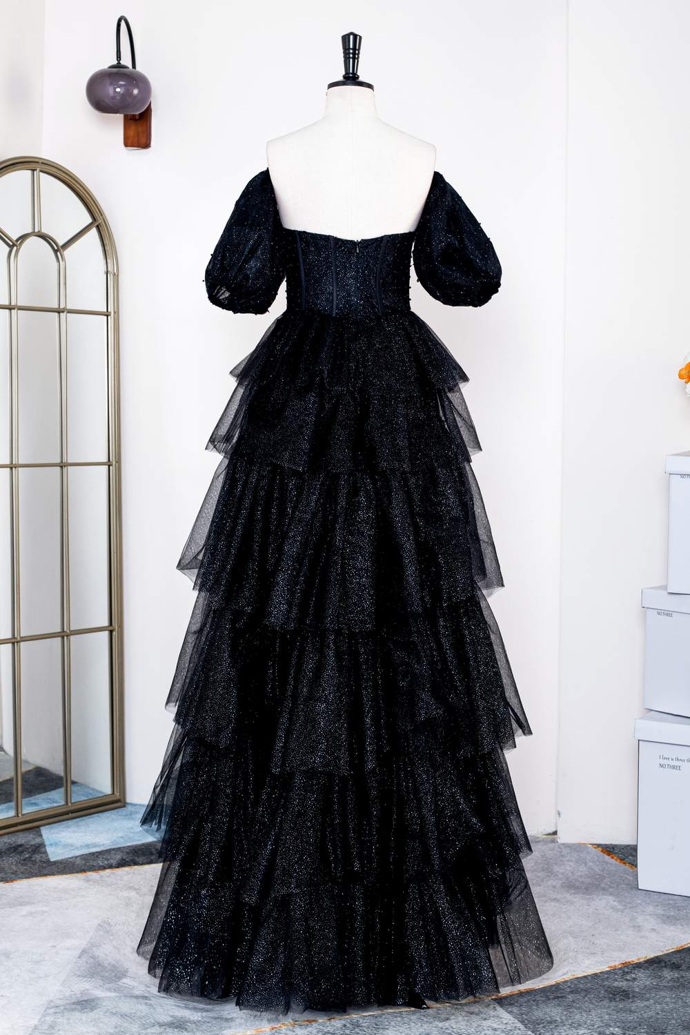 Saprkly Black Off-Shoulder Puff Sleeves Layers Long Prom Dress