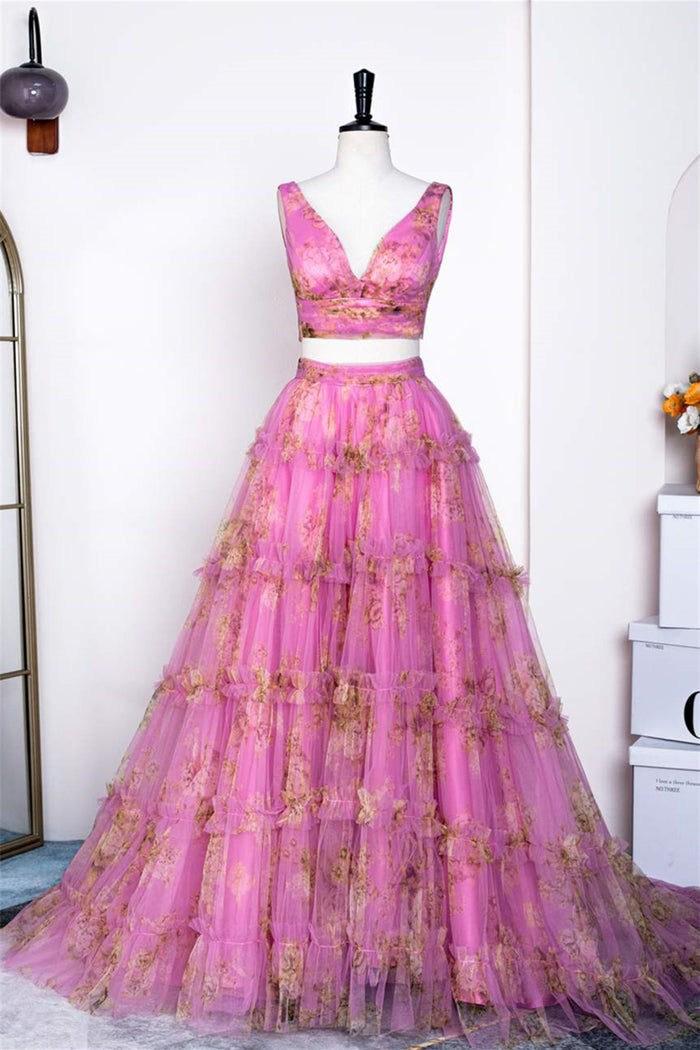 Pink Floral Two-Piece Ruffled Bow Tie Back A-line Long Prom Dress