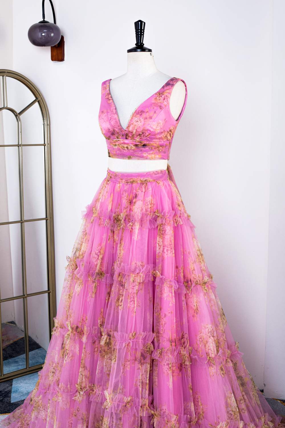 Pink Floral Two-Piece Ruffled Bow Tie Back A-line Long Prom Dress