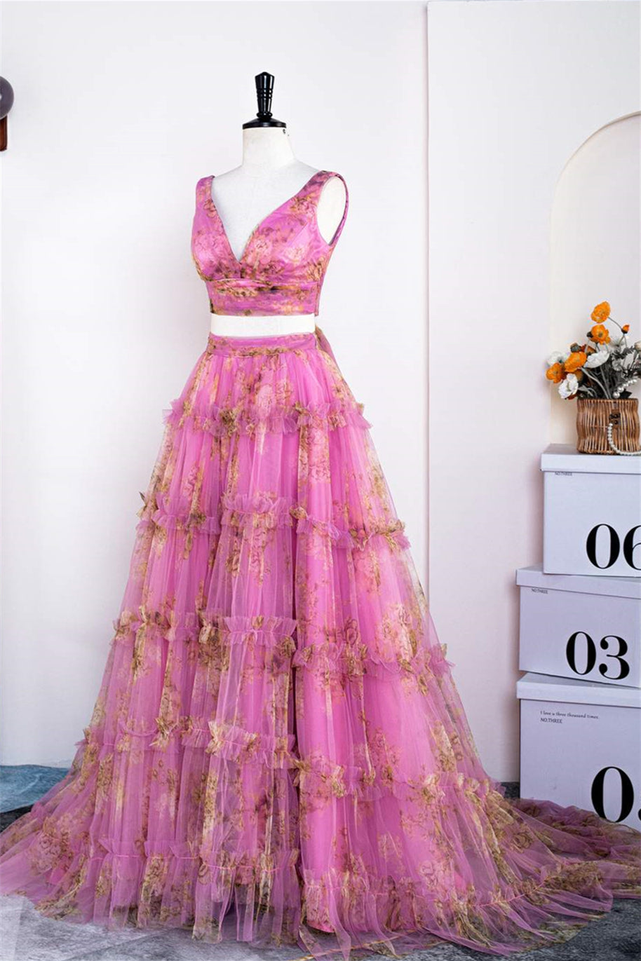 Pink Floral Two-Piece Ruffled Bow Tie Back A-line Long Prom Dress