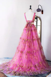 Pink Floral Two-Piece Ruffled Bow Tie Back A-line Long Prom Dress