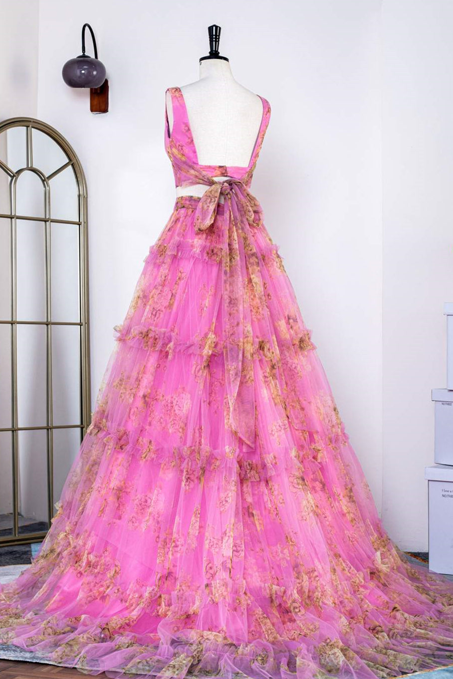 Pink Floral Two-Piece Ruffled Bow Tie Back A-line Long Prom Dress