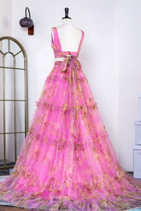 Pink Floral Two-Piece Ruffled Bow Tie Back A-line Long Prom Dress