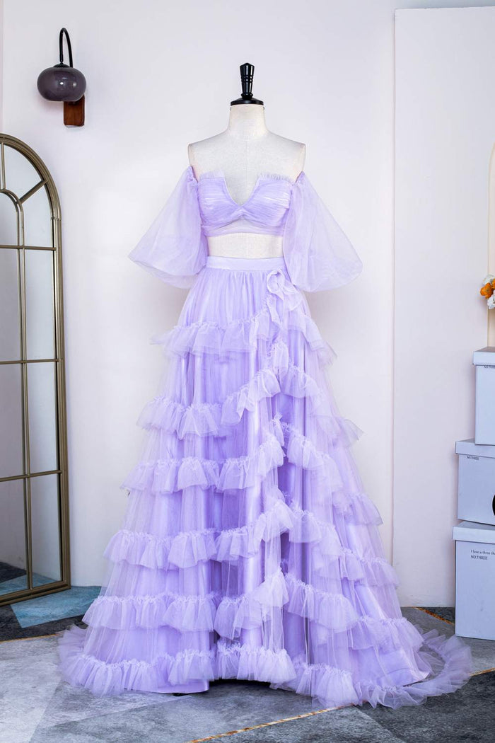 Lavender Two-Piece Puff Sleeves Layers Long Prom Dress with Slit