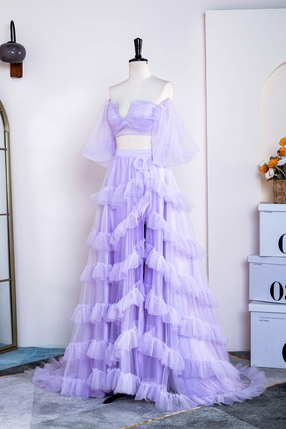 Lavender Two-Piece Puff Sleeves Layers Long Prom Dress with Slit