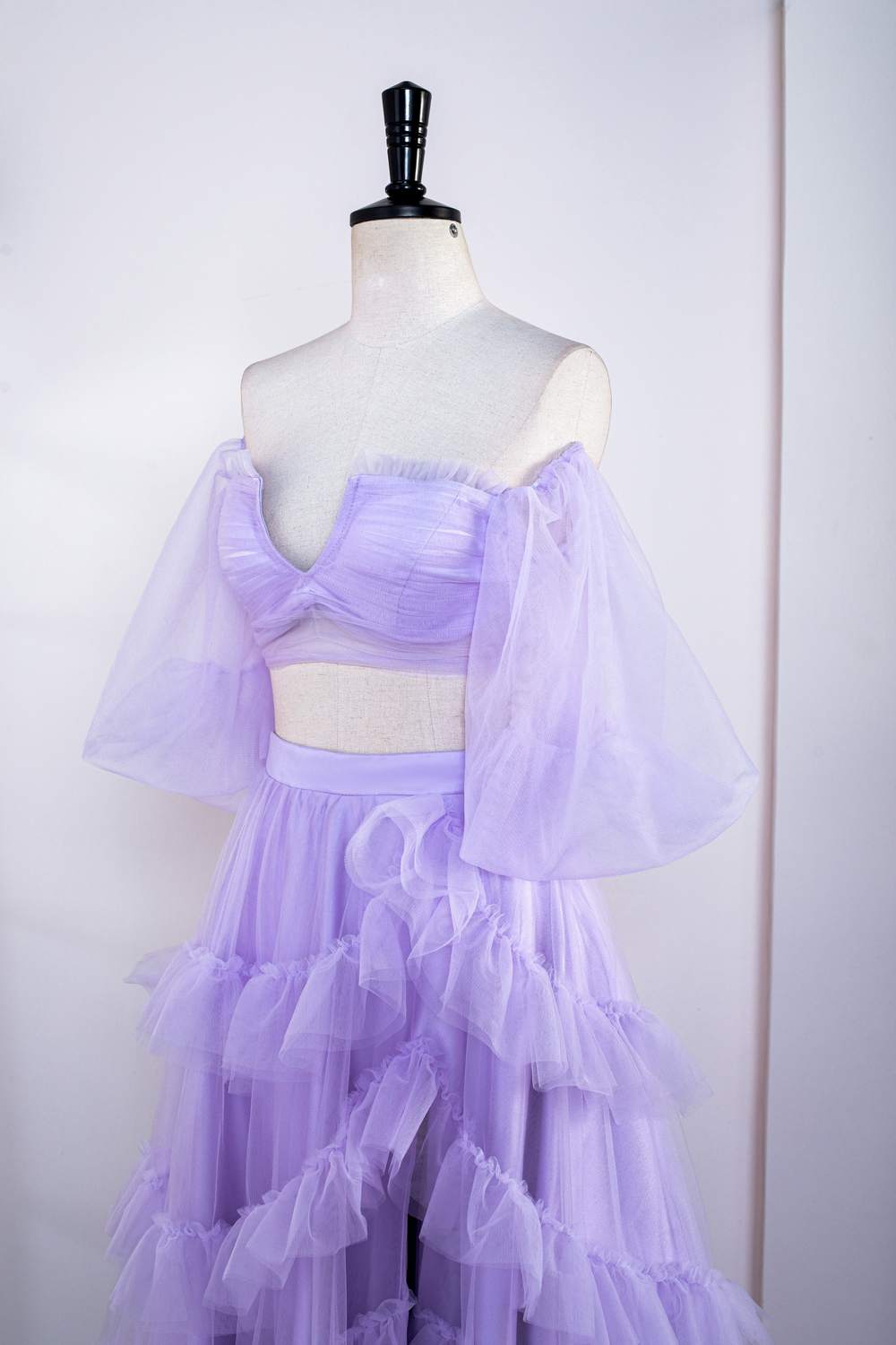 Lavender Two-Piece Puff Sleeves Layers Long Prom Dress with Slit