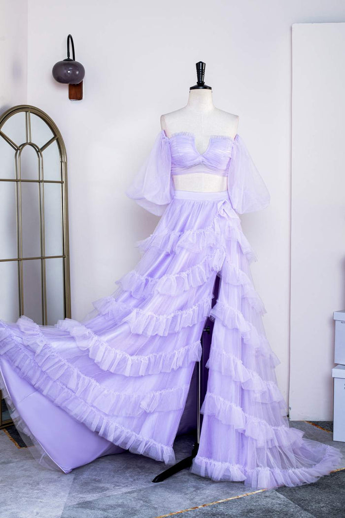 Lavender Two-Piece Puff Sleeves Layers Long Prom Dress with Slit