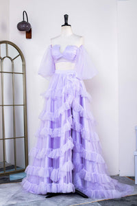 Lavender Two-Piece Puff Sleeves Layers Long Prom Dress with Slit