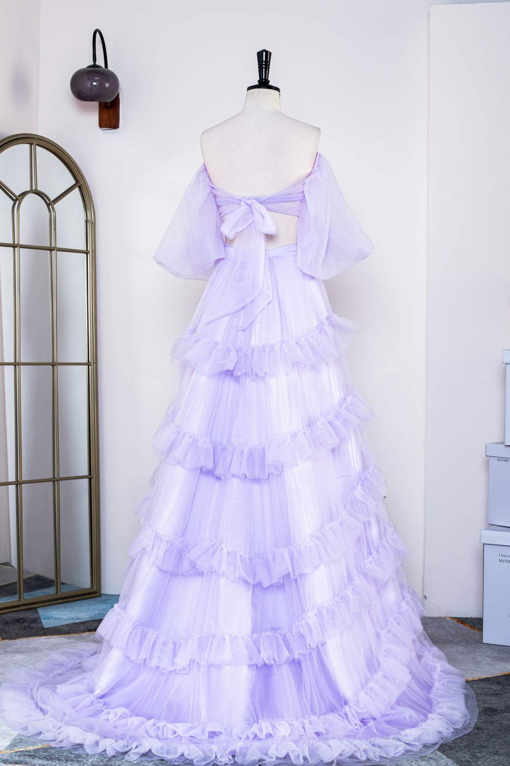 Lavender Two-Piece Puff Sleeves Layers Long Prom Dress with Slit