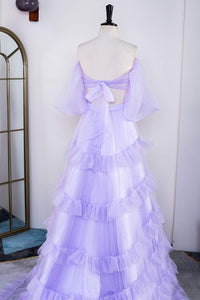 Lavender Two-Piece Puff Sleeves Layers Long Prom Dress with Slit