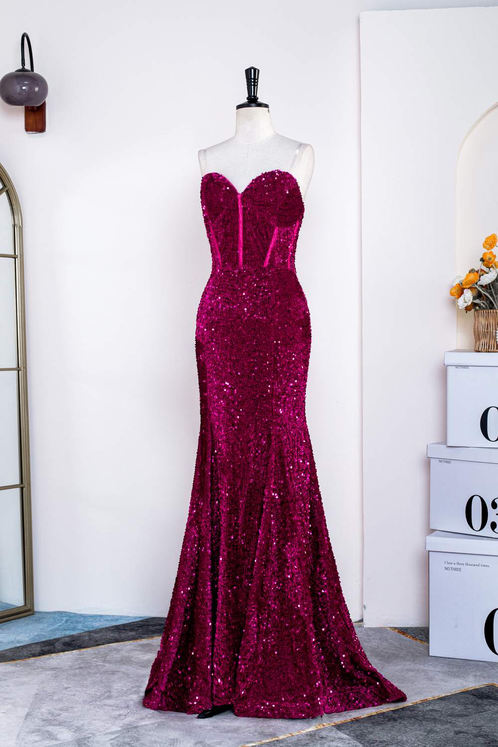 Fuchsia Strapless Mermaid Sequins Long Prom Dress