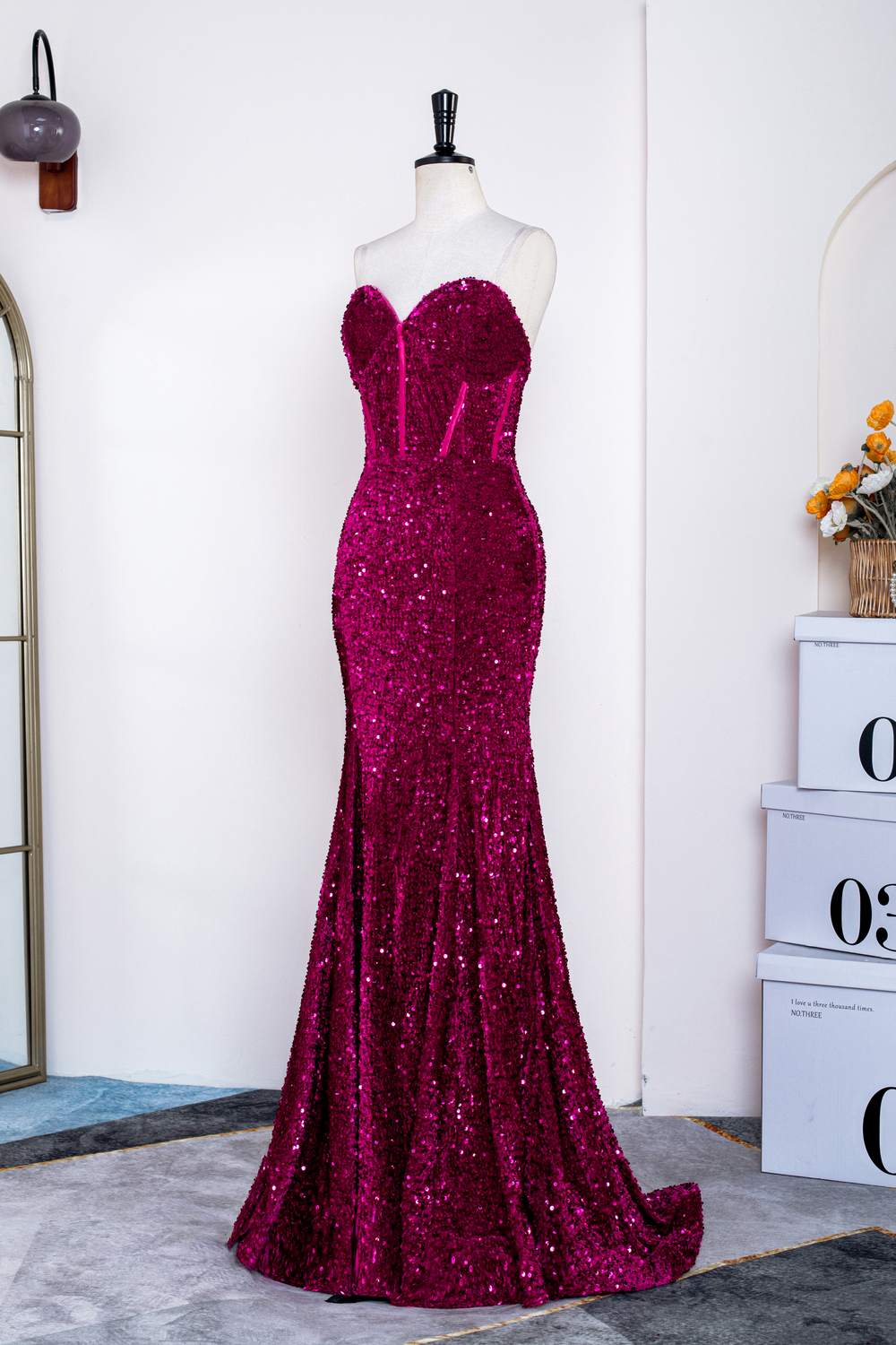 Fuchsia Strapless Mermaid Sequins Long Prom Dress