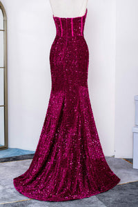 Fuchsia Strapless Mermaid Sequins Long Prom Dress