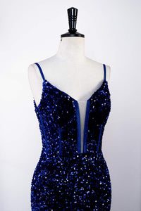 Royal Blue Sequins Spaghetti Straps Mermaid Long Prom Dress