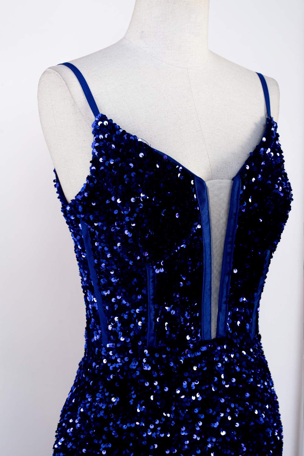 Royal Blue Sequins Spaghetti Straps Mermaid Long Prom Dress