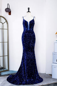 Royal Blue Sequins Spaghetti Straps Mermaid Long Prom Dress