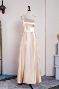 Champagne One Shoulder A-line Satin Tea Length Bridesmaid Dress