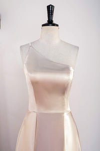 Champagne One Shoulder A-line Satin Tea Length Bridesmaid Dress