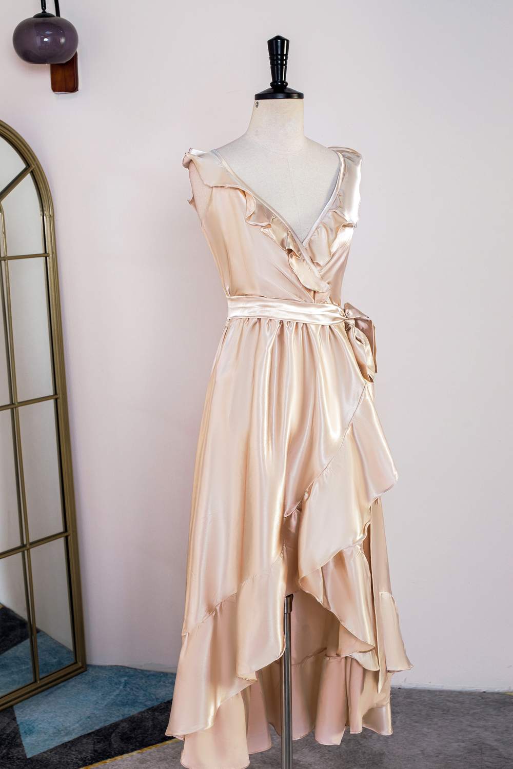 Champagne Ruffled Faux-Wrapped A-line Hi-Low Bridesmaid Dress with Sash