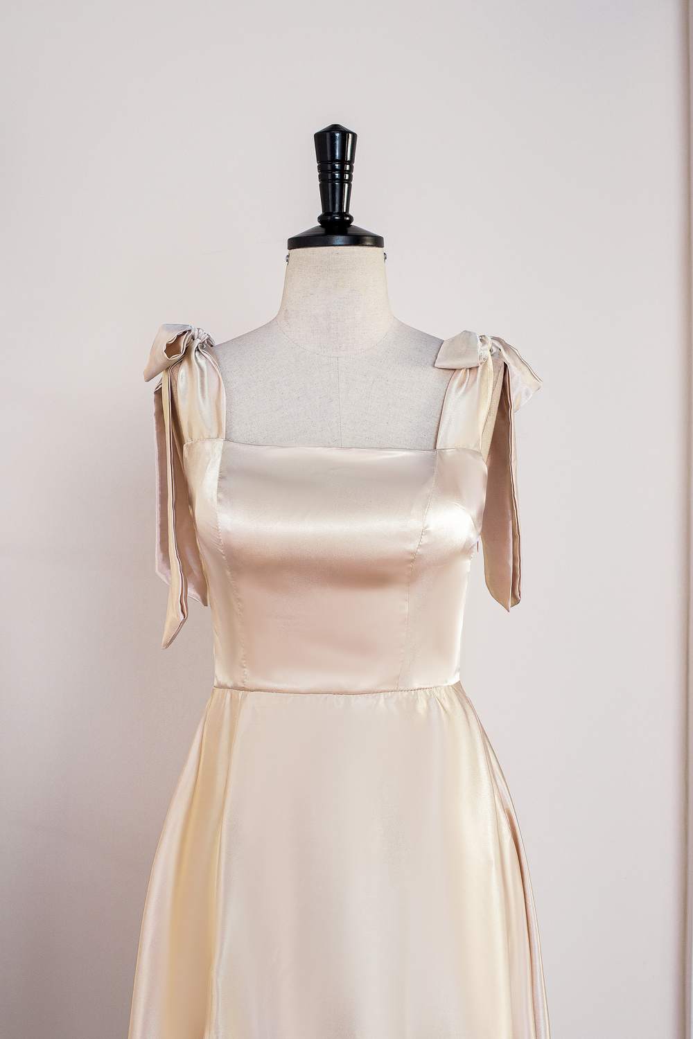 Champagne Bow Tie Straps A-line Satin Tea-Length Bridesmaid Dress