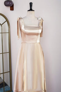 Champagne Bow Tie Straps A-line Satin Tea-Length Bridesmaid Dress