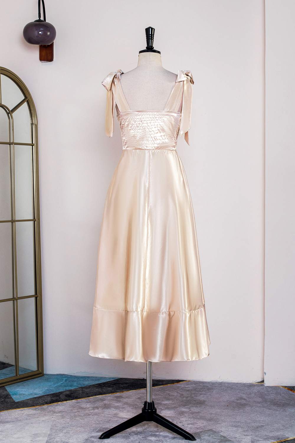 Champagne Bow Tie Straps A-line Satin Tea-Length Bridesmaid Dress