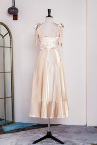 Champagne Bow Tie Straps A-line Satin Tea-Length Bridesmaid Dress