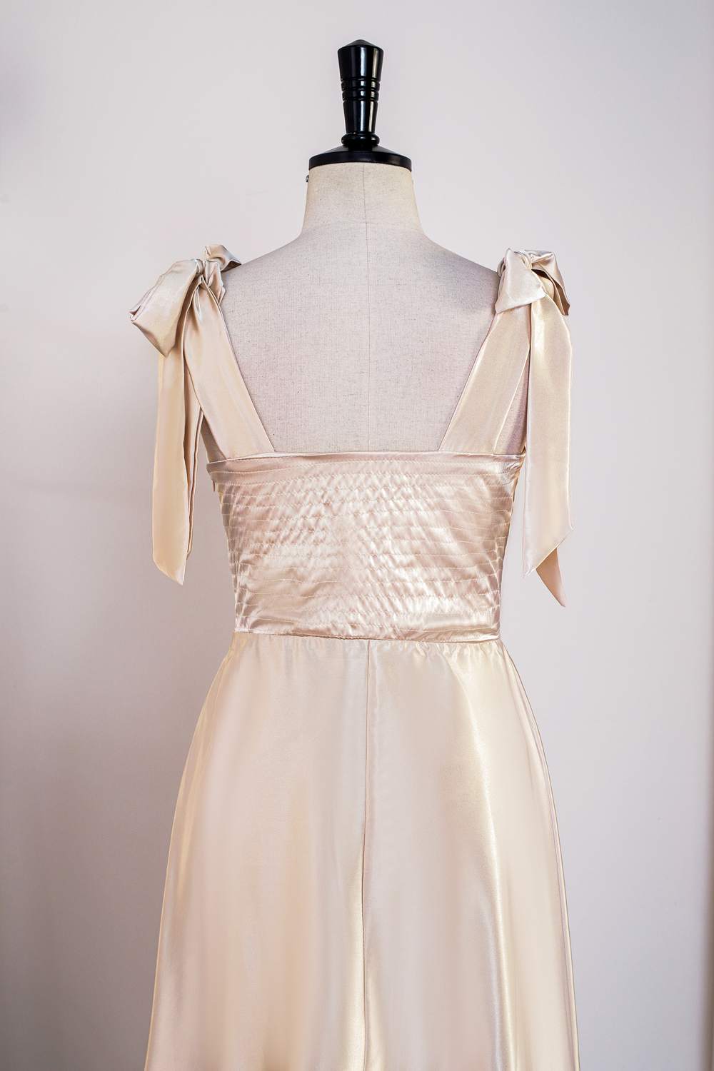 Champagne Bow Tie Straps A-line Satin Tea-Length Bridesmaid Dress