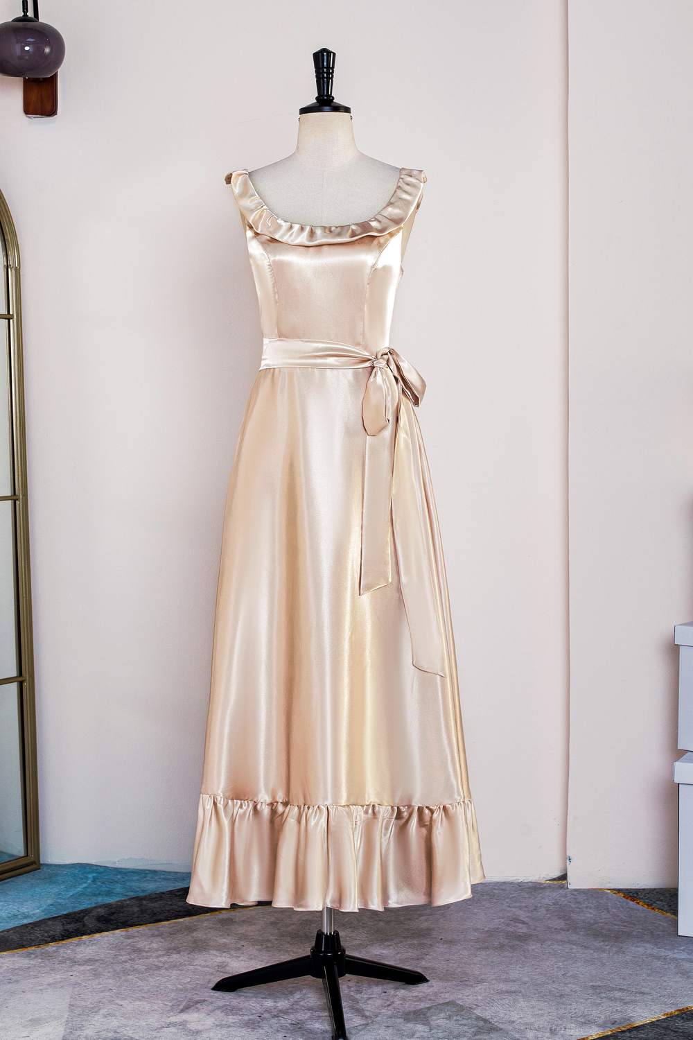 Champagne Sleeveless Ruffled A-line Tea-Length Bridesmaid Dress with Sash