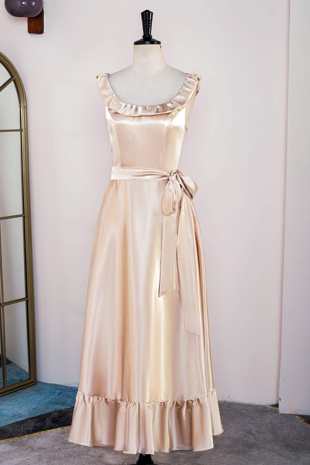 Champagne Sleeveless Ruffled A-line Tea-Length Bridesmaid Dress with Sash