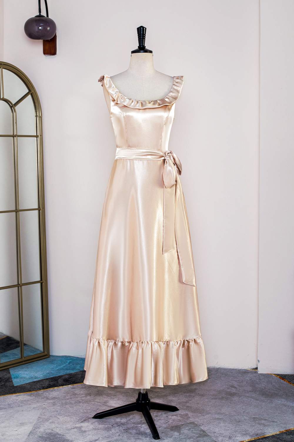 Champagne Sleeveless Ruffled A-line Tea-Length Bridesmaid Dress with Sash