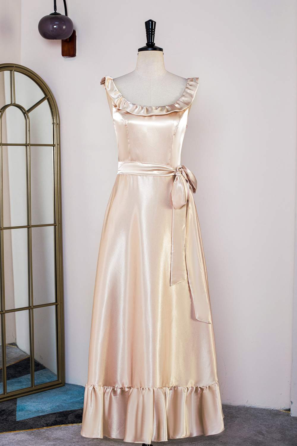 Champagne Sleeveless Ruffled A-line Tea-Length Bridesmaid Dress with Sash