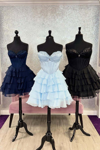 Light Blue Ruched Corset A-line Short Ruffle Dress