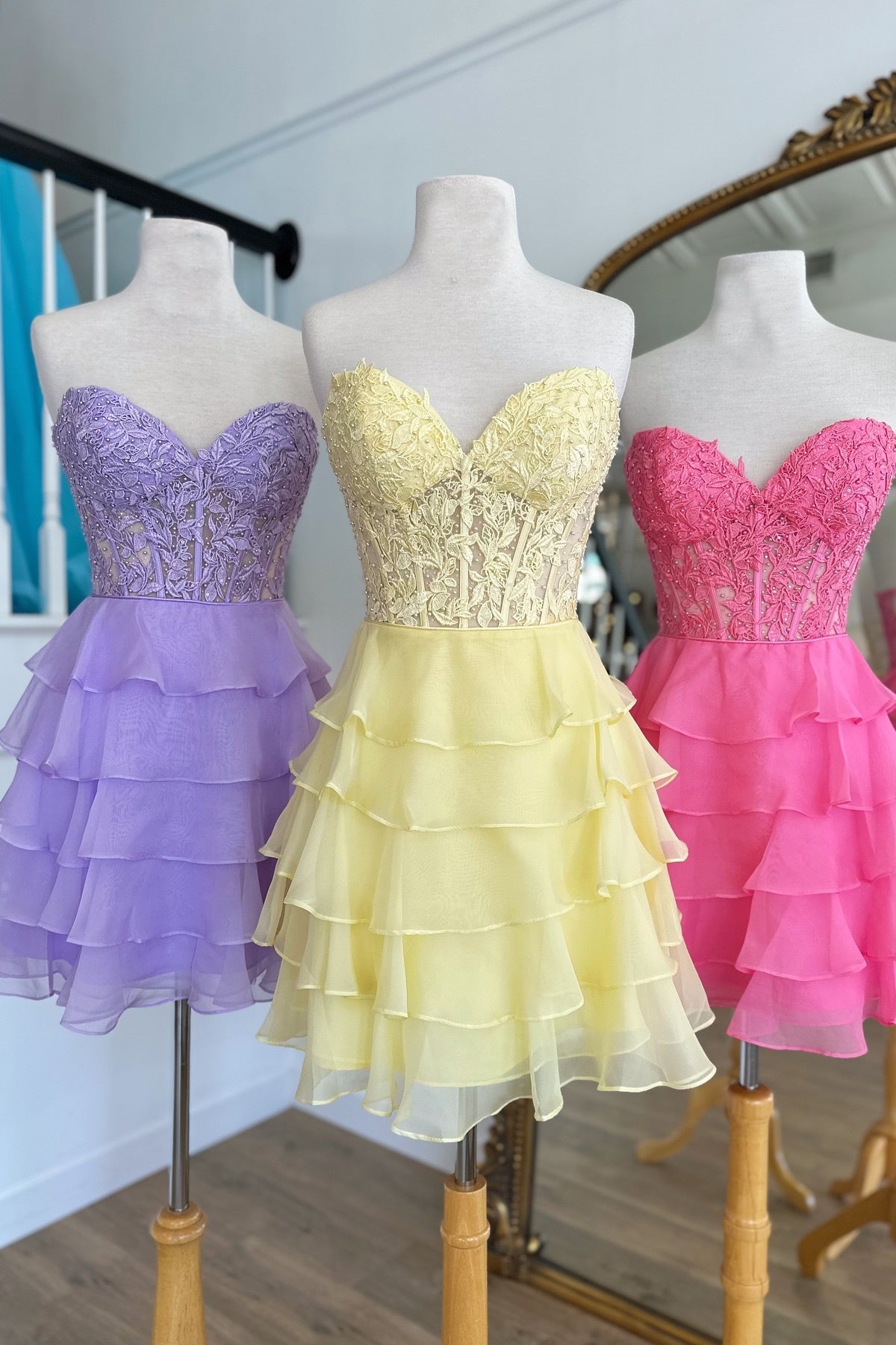 Hot Pink Appliques Chiffon Tiered Short Homecoming Dress